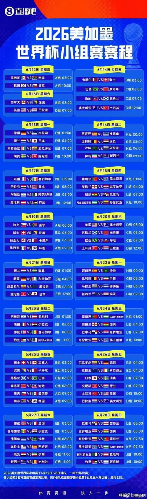 2026世界杯小组赛赛程高清版全程直播免费观看